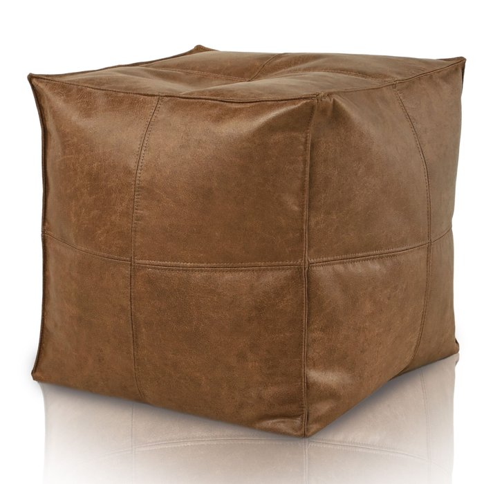 Marron Pouf Cube Avec Coutures Premium Naturel Cuir