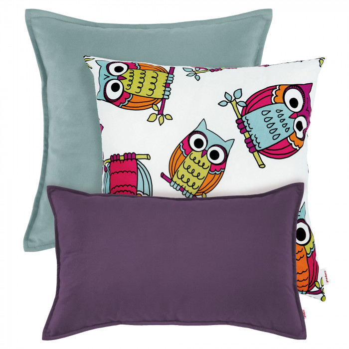 Ensemble de coussins hibou violet et menthe