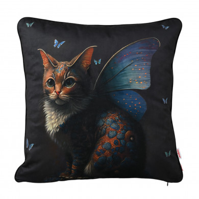 Dekoratives Kissen Katze Schmetterling Blau.