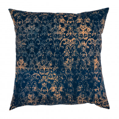 Bleu foncé Ornement baroque doré Vintage Coussin Carré